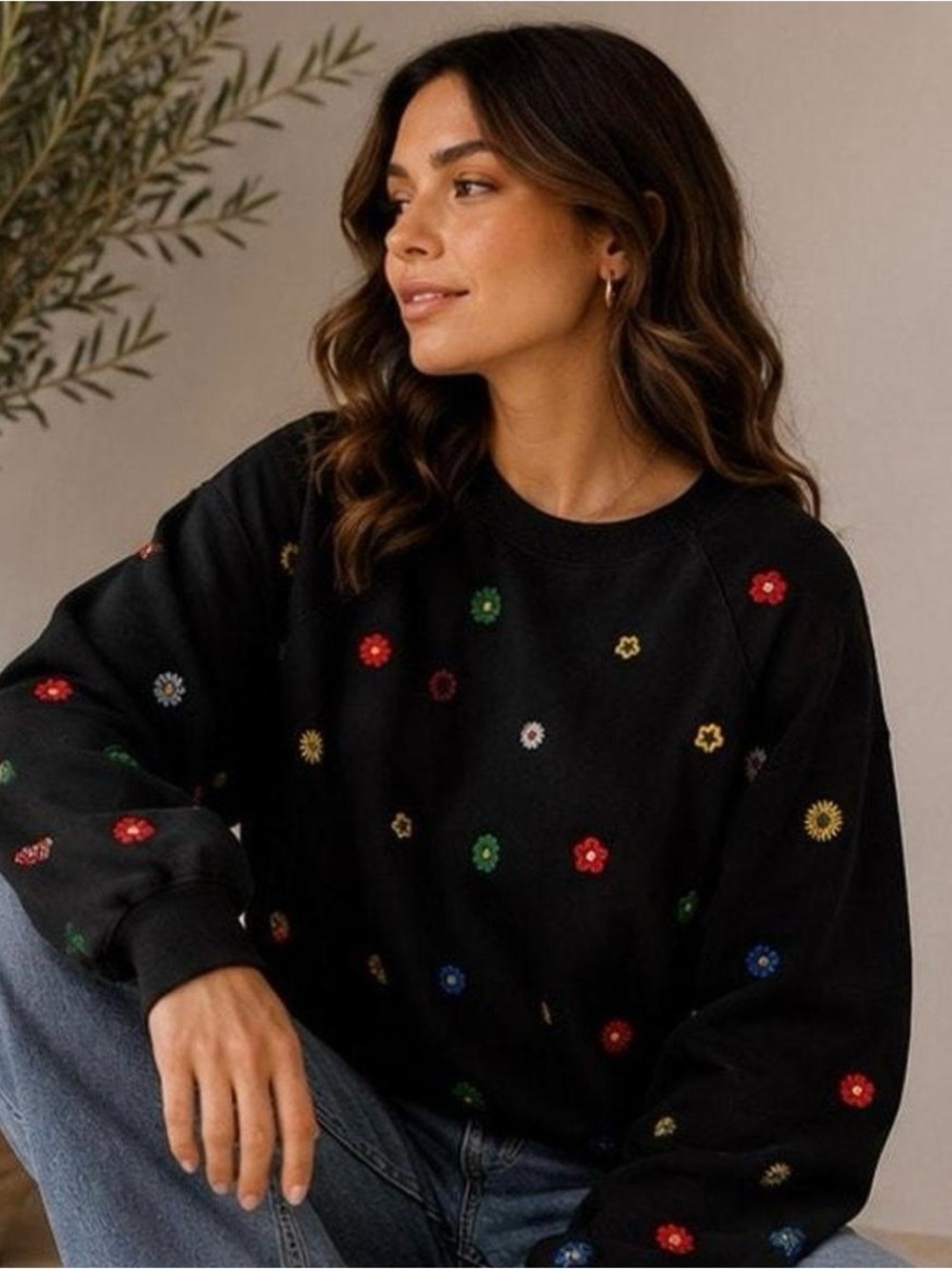 MOTHER Black The Biggie Concert Daisy Crewneck Sweater